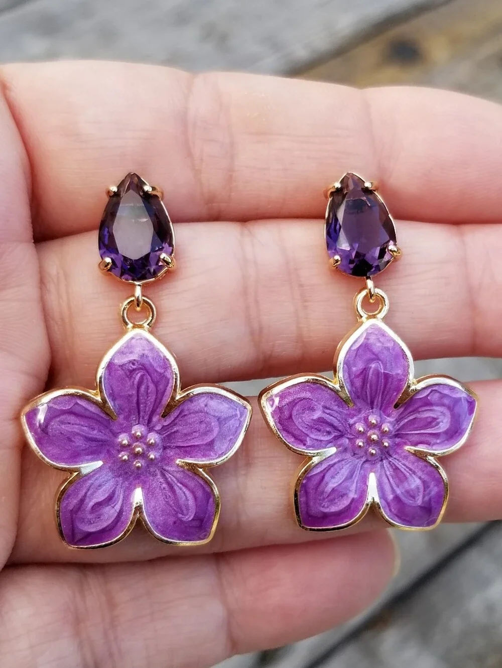 14k Gold Amethyst Floral Stud Earrings, Large Purple Flower Dangle Earrings
